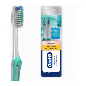 KIT ESCOVA DE DENTE ORAL-B SENSITIVE INDICATOR EXTRA MACIA + FIO DENTAL ORAL-B SATIN FLOSS