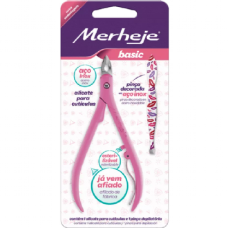 CONJUNTO - ALICATE PARA CUT�CULAS MERHEJE  + PIN�A DECORADA INOX- ROSA