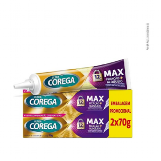 KIT CREME FIXADOR DE DENTADURA ULTRA COREGA MAX FIXAO + BLOQUEIO SEM SABOR  70G - 2 UNIDADES 