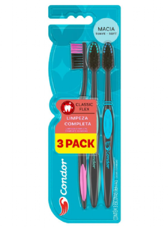 KIT ESCOVA DE DENTE CONDOR CLASSIC FLEX MACIA 3 UNIDADES
