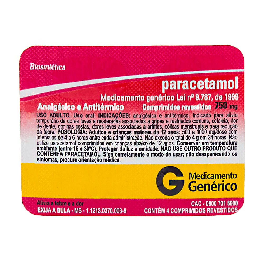 PARACETAMOL 750 MG 4 COMPRIMIDOS | Drogão Super