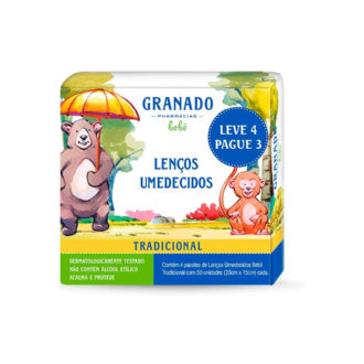 KIT LENO UMEDECIDO GRANADO BEB TRADICIONAL SEM LCOOL 97% GUA 50 UNIDADES 4 PACOTES