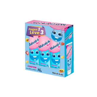 KIT MALVATRIKIDS BABY GEL DENTAL  SABOR TUTTI FRUTTI LEVE3 PAGUE2 70G CADA